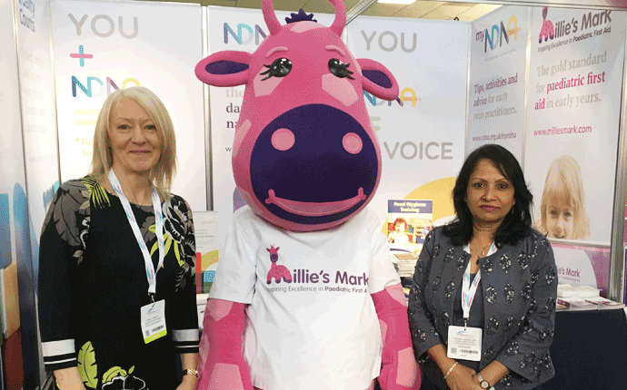 Linda Herriott of NDNA, Millie Giraffe and Purnima Tanuku OBE CEO of NDNA